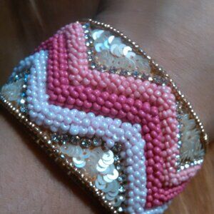 Handcrafted Pink Seed Bead, White Crystal, and Sequin Cuff Bracelet